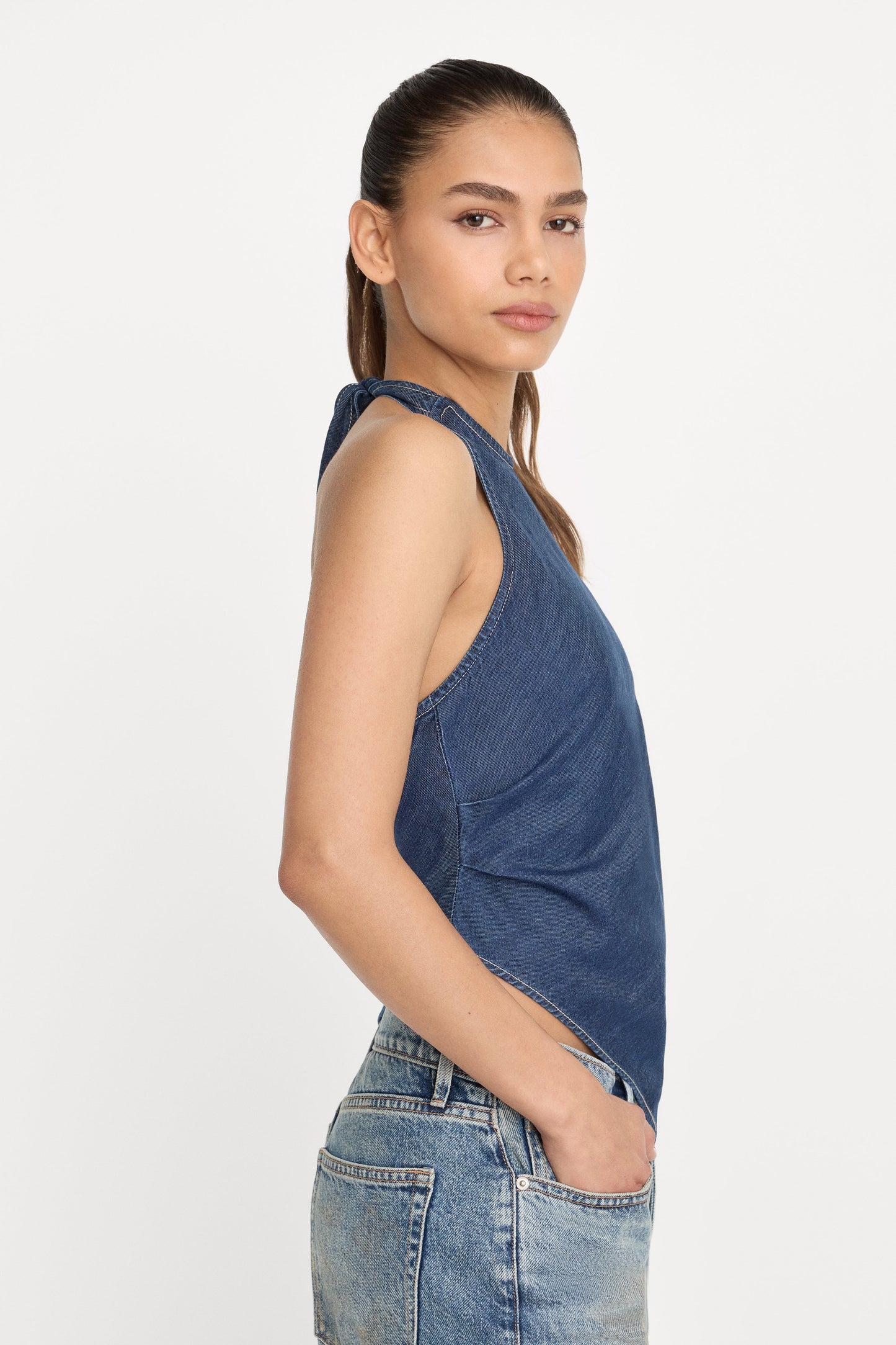ASYMMETRIC HEM HALTER TOP | INDIGO1187