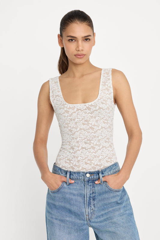 STRETCH LACE SCOOP TANK BODYSUIT | CHALK