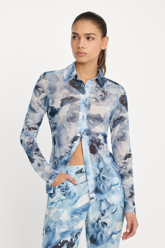 MESH BUTTON UP TOP | BLUE ANGEL PRINT