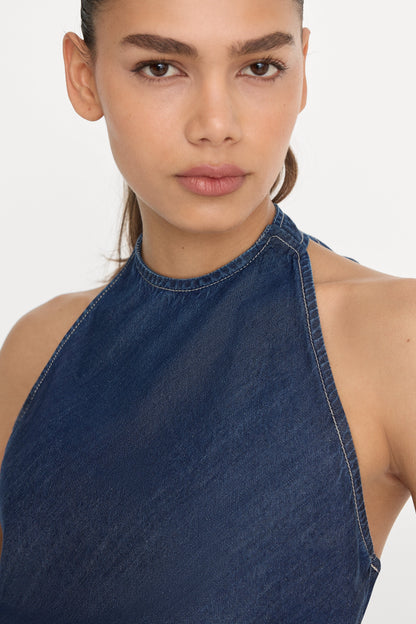ASYMMETRIC HEM HALTER TOP | INDIGO1187