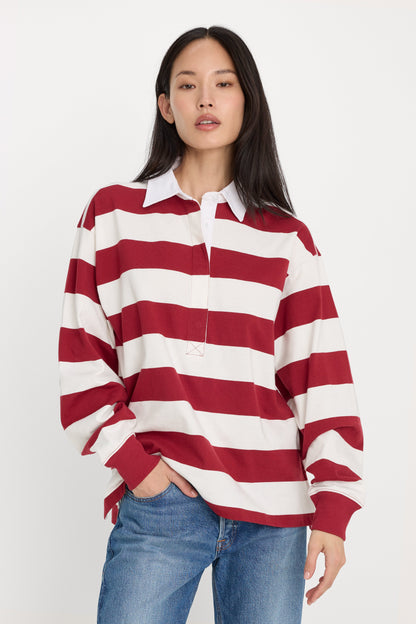 OVERSIZED RUGBY TEE | MERLOT AND CHALK RUGBY STRIPE