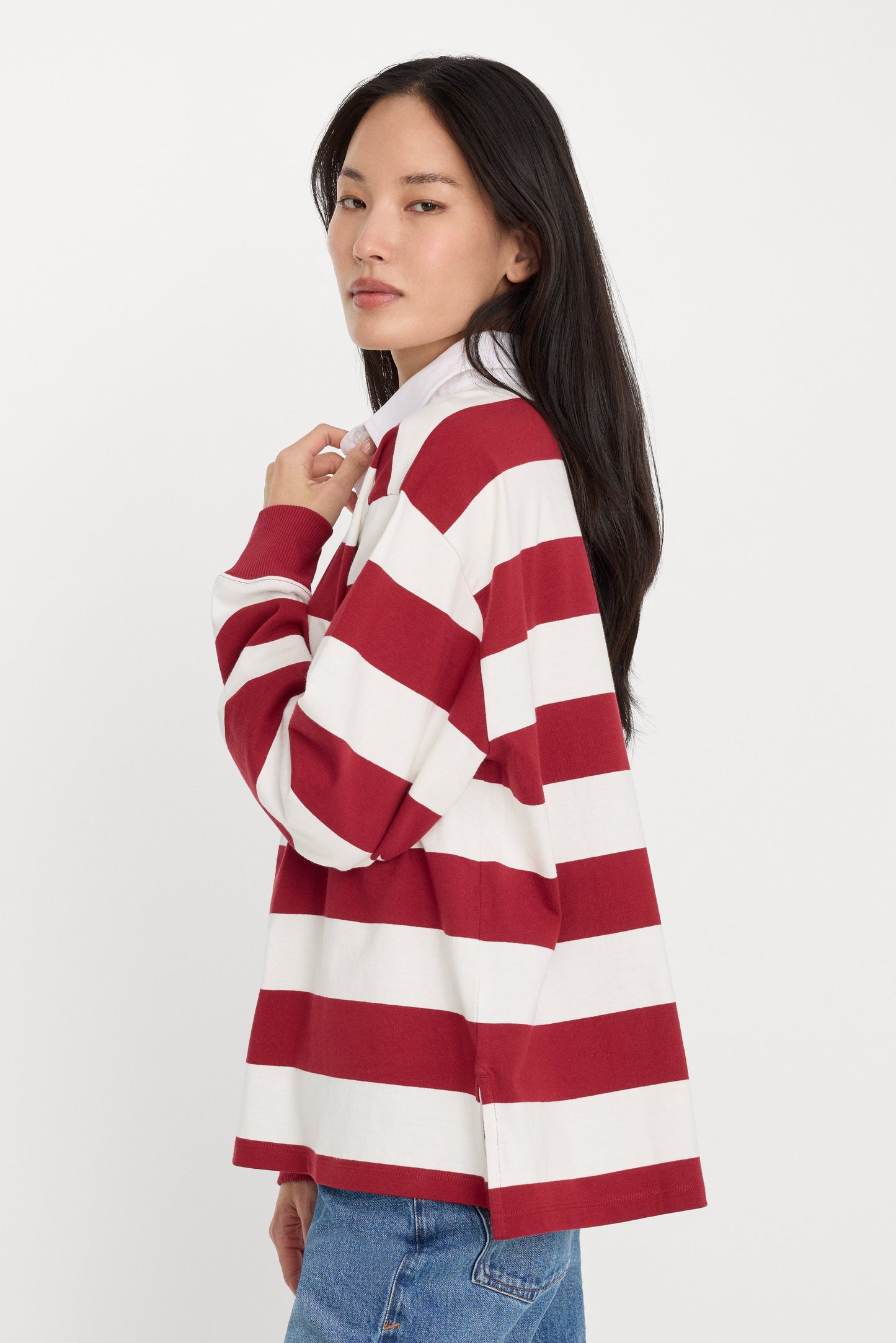 OVERSIZED RUGBY TEE | MERLOT AND CHALK RUGBY STRIPE