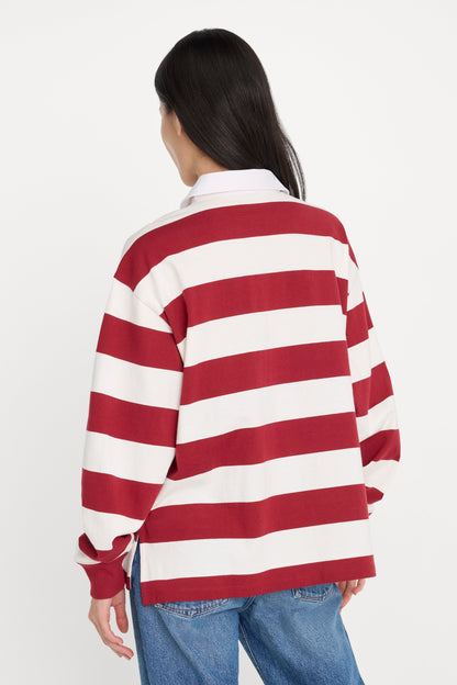 OVERSIZED RUGBY TEE | MERLOT AND CHALK RUGBY STRIPE
